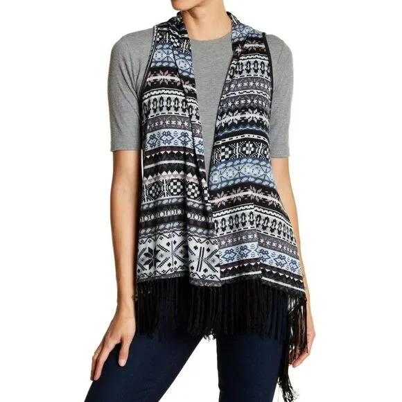 PAPILLON Fair Isle open front fringe boho knit sweater vest grey print Sz S NEW - Picture 5 of 5